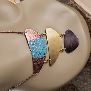 Long Copper Chain Necklace with Metal Disks and Patina Finish